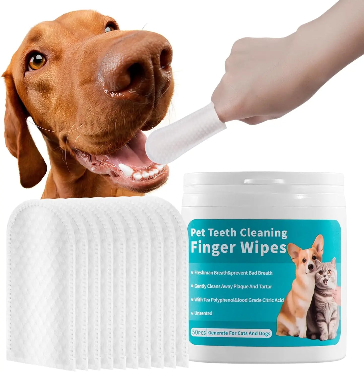 Dogs & Cats Teeth Cleaning Wipes – Disposable Pet Dental Finger Wipes for Plaque & Bad Breath